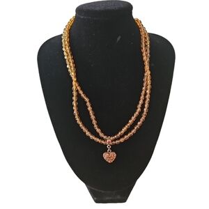 1928 Necklace two layers orange glass beads, copper heart pendant rhinestones